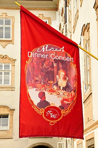 Banner, Mozart Dinner Concert, in front of a restaurant in the historic town centre of Salzburg, Salzburg, Austria, Europe