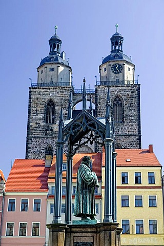 Facades at the Market Square with Luther Monument, Stadtkirche, Lutherstadt Wittenberg, Saxony-Anhalt, Germany, Europe