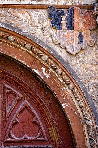 Coat of arms of Magdalena von Plotho, renaissance door at the west wing dated 1567, the ancient palace is being restored and will become a mediaeval museum, In der Word, Quedlinburg, Saxony-Anhalt, Germany, Europe