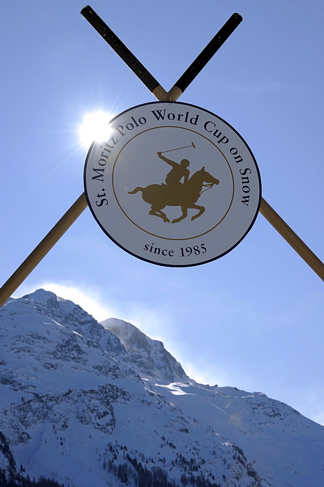 Sign with the logo of the St. Moritz Polo Club, 26. St. Moritz Polo World Cup on Snow, St. Moritz, Upper Engadin, Engadin, Grisons, Switzerland, Europe