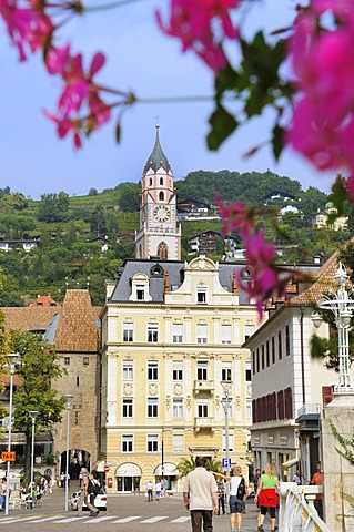 View from the post bridge on the old town with the parish church of St. Nicholas, Merano, South Tyrol, Italy, Europe