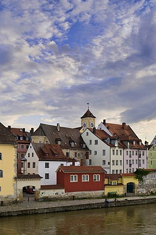 View of the historic district of Regensburg, Weinlaende harbour, the tower of the old town hall at the back, medieval UNESCO World Heritage site, Upper Palatinate, Bavaria, Germany, Europe