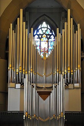 New Muehleisen pipe organ, indoor photo of Stiftskirche church in Stuttgart, landmark and the oldest Protestant church of Stuttgart, Baden-Wuerttemberg, Germany, Europe