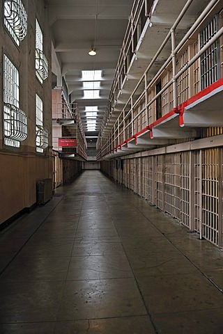 View into a cell block in the prison, Alcatraz Island, California, USA