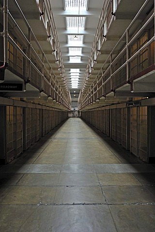 View into a cell block in the prison, Alcatraz Island, California, USA