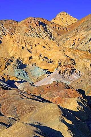 Rock colours caused by the oxidation of different metals, Artist's Palette at dusk, Death Valley National Park, California, USA, North America