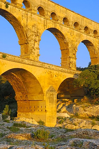 Pont du Gard at dawn, Roman aqueduct, Gard department, Provence, France, Europe