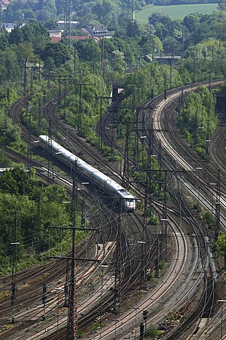 ICE, Intercity-Express train on the track, railway, track network next to the Essen main railway station, Essen, North Rhine-Westphalia, Germany, Europe