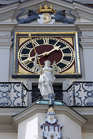 Baroque facade with Cclock and figure, historical town hall, Lueneburg, Lower Saxony, Germany, Europe