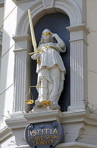 Figure of Lady Justice with scales and sword, Baroque facade, historical town hall, old town, Lueneburg, Lower Saxony, Germany, Europe