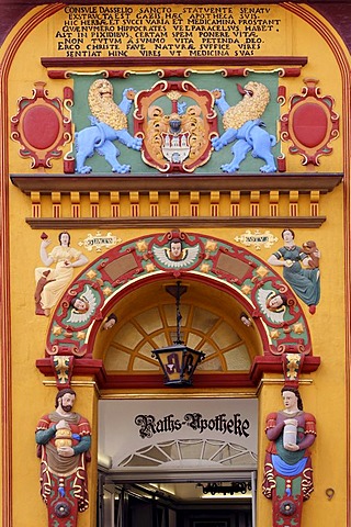 Historic portal with colorful figures and ornaments, old pharmacy, old town, Lueneburg, Lower Saxony, Germany, Europe