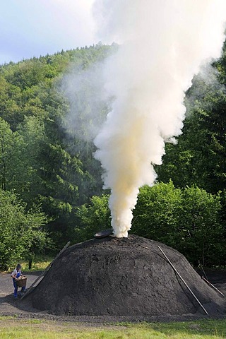 Smoking charcoal kiln, Walpersdorf, Kreis Siegen-Wittgenstein district, North Rhine-Westphalia, Germany, Europe