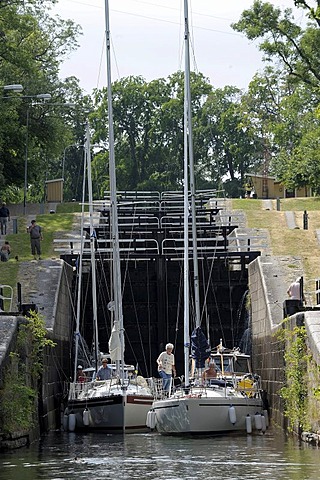 The five locks of Borenshult bridge an altitude difference of 15 meters, Gota Canal, Motala, Oestergoetland, Sweden, Scandinavian, Europe