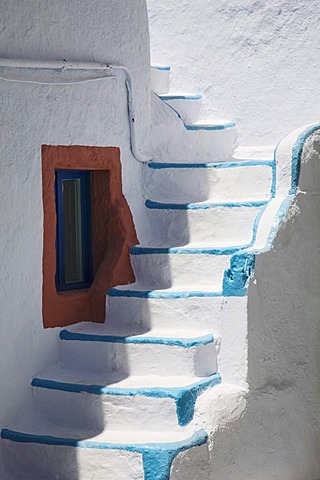 Painted stairs besides window, Fira, Santorini, Cyclades, Greece, Europe