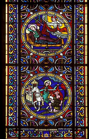 St Martin on church window, Candes-Saint-Martin, Indre-et-Loire, Loire Valley, Centre, France, Europe