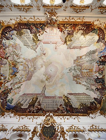 Ceiling fresco, Goldener Saal hall in the former university of the Jesuit College, Dillingen an der Donau, Donauried region, Swabia, Bavaria, Germany, Europe