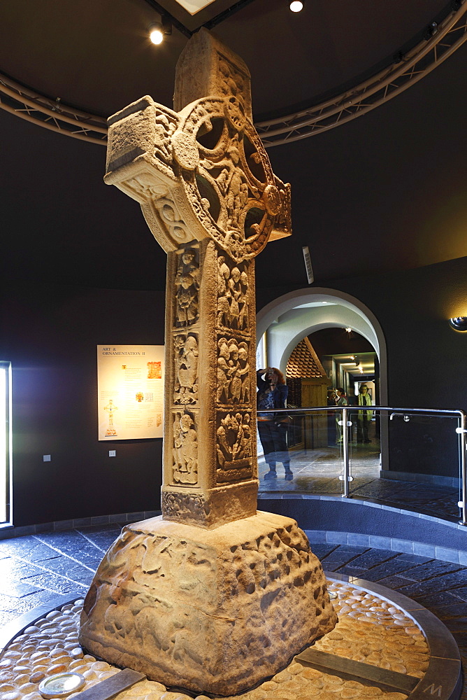 Cross of the Scriptures, a high cross in the Museum in Clonmacnoise Monastery, County Offaly, Leinster, Republic of Ireland, Europe