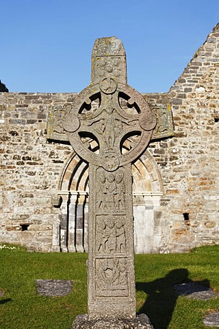 Copy of Cross of the Scriptures, a high cross in Clonmacnoise Monastery, County Offaly, Leinster, Republic of Ireland, Europe