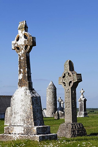 High crosses, right, copy of the Cross of the Scriptures, Clonmacnoise Monastery, County Offaly, Leinster, Republic of Ireland, Europe