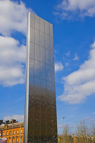 The Water Tower, stainless steel water feature, fountain, by architect Nicholas Hare and artist William Pye, Roald Dahl Plass, Cardiff Bay, Cardiff, Caerdydd, Wales, United Kingdom, Europe