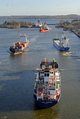 Shipping traffic at Holtenau lock, Kiel Canal, Kiel, Schleswig-Holstein, Germany, Europe