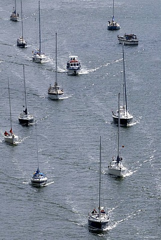 Sailing boats, pleasure craft traffic on Kiel Canal, Schleswig-Holstein, Germany, Europe