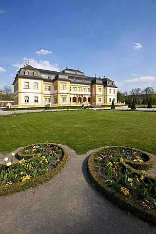 Schloss Veitshoechheim castle and Hofgarten palace gardens, castle of the Wuerzburg prince-bishops, built 1680-1682 by Heinrich Zimmer, Wuerzburg district, Bavaria, Germany, Europe