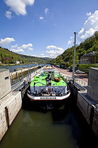 View of a ship in a lock on the Neckar River, Heidelberg, Neckar, Baden-Wuerttemberg Germany, Europe