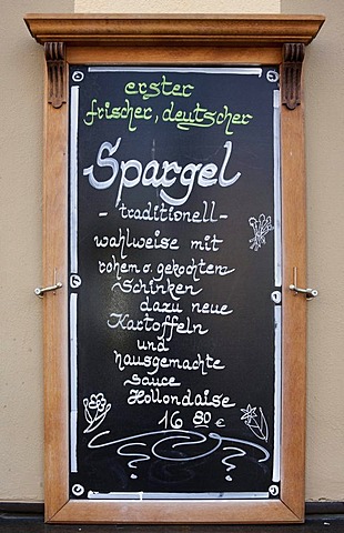 Restaurant-menu displaying asparagus special offer, Germany