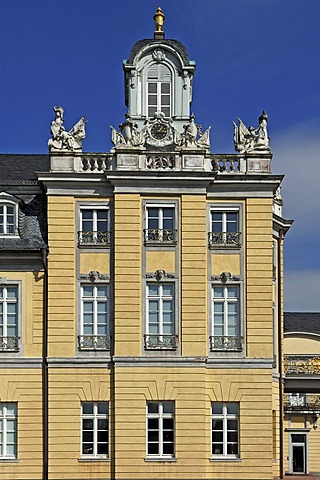 Side wing of Schloss Karlsruhe palace, 1715, with clock tower, Karlsruhe, Baden-Wuerttemberg, Germany, Europe