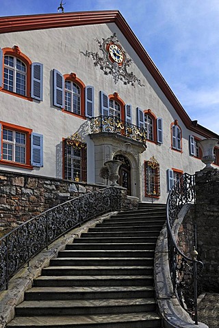 Stairway at Buergeln Castle, built by Franz Anton Bagnato in 1762, early Classicism style, castle facade at the back, Schliengen, Baden-Wuerttemberg, Germany, Europe