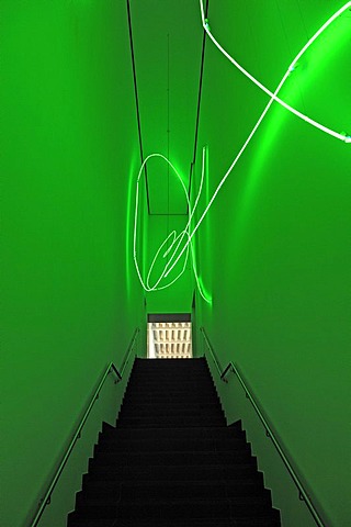 Art, coloured neon installation in the stairwell of Schweinfurt Kunsthalle Art Gallery, Ruefferstrasse, Schweinfurt, Lower Franconia, Bavaria, Germany, Europe