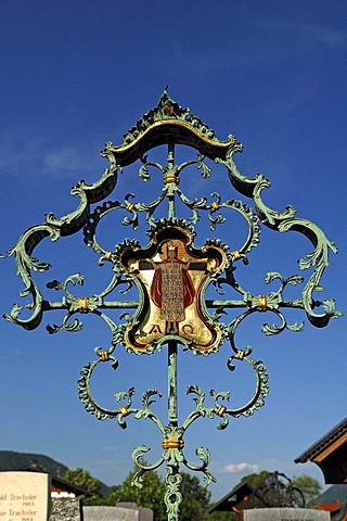 Wrought-iron grave cross on the cemetery, Wallgau, Upper Bavaria, Bavaria, Germany, Europe