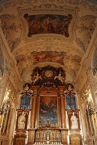 Part of the decorative ceiling vault and altar of the monastery church of St. Benedikt, 17th century, Italian early baroque, Benediktbeuren, Upper Bavaria, Bavaria, Germany, Europe