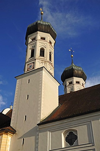 Towers of the monastery church of St. Benedikt, Benediktbeuren, Upper Bavaria, Bavaria, Germany, Europe
