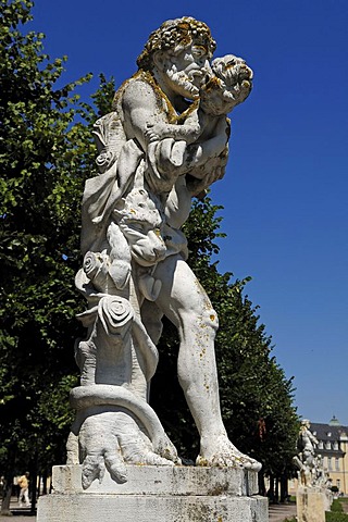 Mythological sculpture "The Borghese Faun with Bacchus child, " sculptor Ignaz Lengelacher, Schlossplatz castle square, Karlsruhe, Baden-Wuerttemberg, Germany, Europe