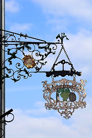 Hanging sign of the wine tavern Vin Kuehn, 3 Grand'Rue, Ammerschwihr, Alsace, France, Europe