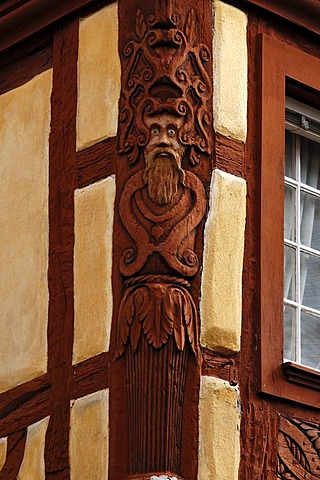 Carving on an old half-timbered house, 19 Impasse du Pere Staub, Kaysersberg, Alsace, France, Europe