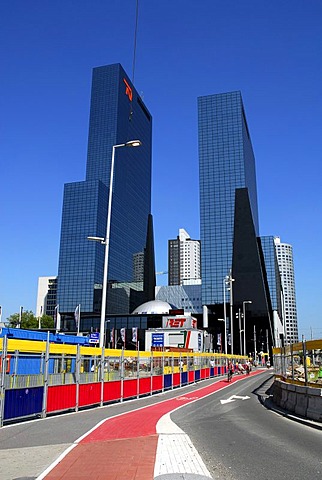 Construction site at the main railway station, Centraal Station, in the back the Delftse Poort office building at the Weena, Rotterdam, Zuid-Holland, South-Holland, Netherlands, Europe