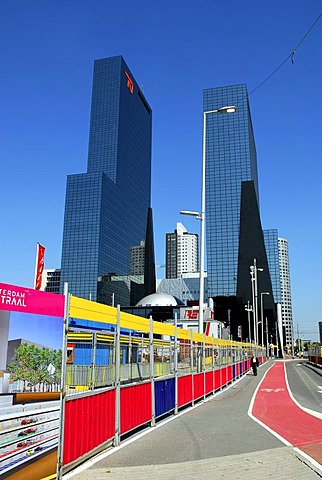 Construction site at the main railway station, Centraal Station, in the back the Delftse Poort office building at the Weena, Rotterdam, Zuid-Holland, South-Holland, Netherlands, Europe