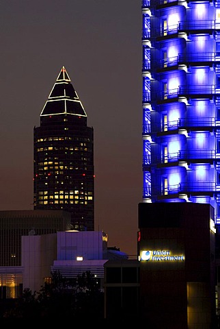 Messeturm fair tower by architect Helmut Jahn, Union Investment office building illuminated in blue, Bahnhofsviertel quarter, Frankfurt am Main, Hesse, Germany, Europe