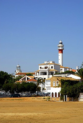 Lighthouse at the beach in El Rompido, Cartaya, Costa de la Luz, Huelva region, Andalucia, Spain, Europe