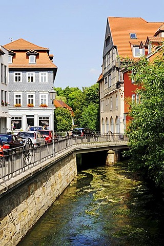 Street and the Gera river in Erfurt, Thuringia, Germany, Europe