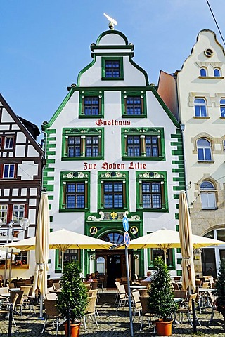 Historical architecture with half-timbered houses, Zur Hohen Lilie Restaurant, Domplatz cathedral square, Erfurt, Thuringia, Germany, Europe