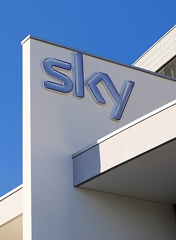 Sky logo on the new headquarters of the Sky Deutschland AG, Medienallee 26, Unterfoehring, Bavaria, Germany, Europe