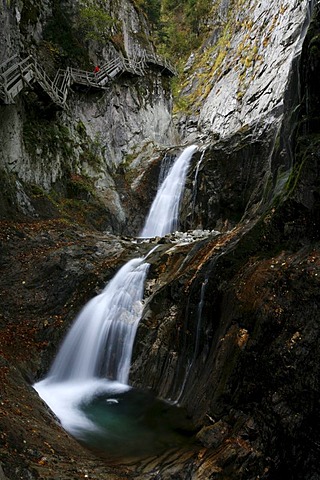 Boardwalks for visitors to the waterfalls in a steep gorge, Gorges du Durnand, Great St Bernard Pass, Valais, Switzerland, Europe