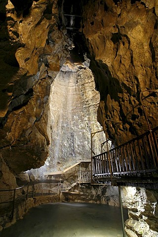 Accessible cave with a small waterfall and lake, Grotte aux Fees, Valais, Switzerland, Europe