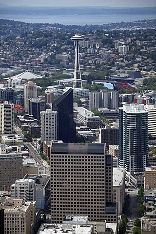 Cityscape of the Seattle financial district and the Space Needle, from the Columbia Center, Seattle, Washington, USA