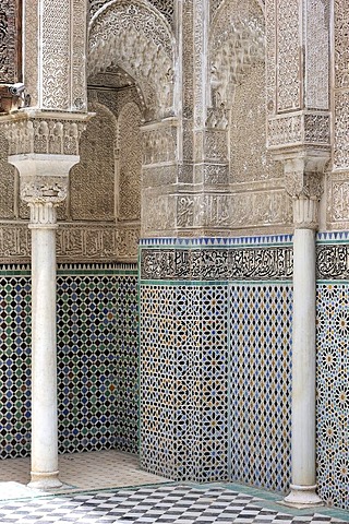 Walls with columns, arabesques and mosaics, Medersa Attarine Koran School, Fez, Morocco, Africa