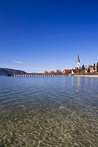 Sipplingen on Lake Constance with its historic town center, the parish church of St. Martin and the harbor seen from the water, Ueberlingersee lake, Bodenseekreis district, Baden-Wuerttemberg, Germany, Europe